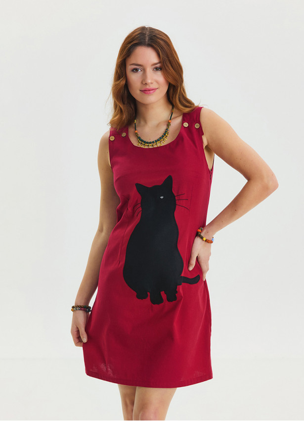 U Neck Cat Figure Button Detailed Red Mini Dress 4528